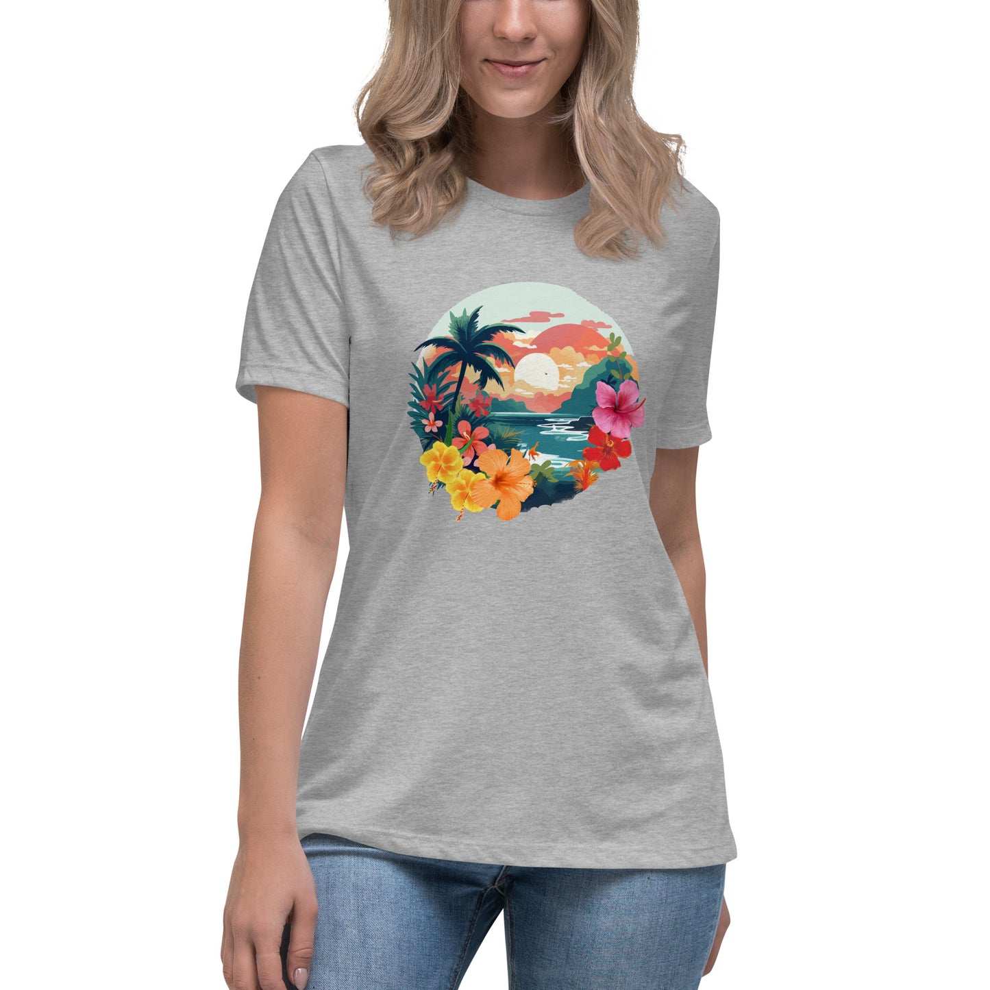 Woman in heather athletic grey relaxed t-shirt with vibrant tropical design