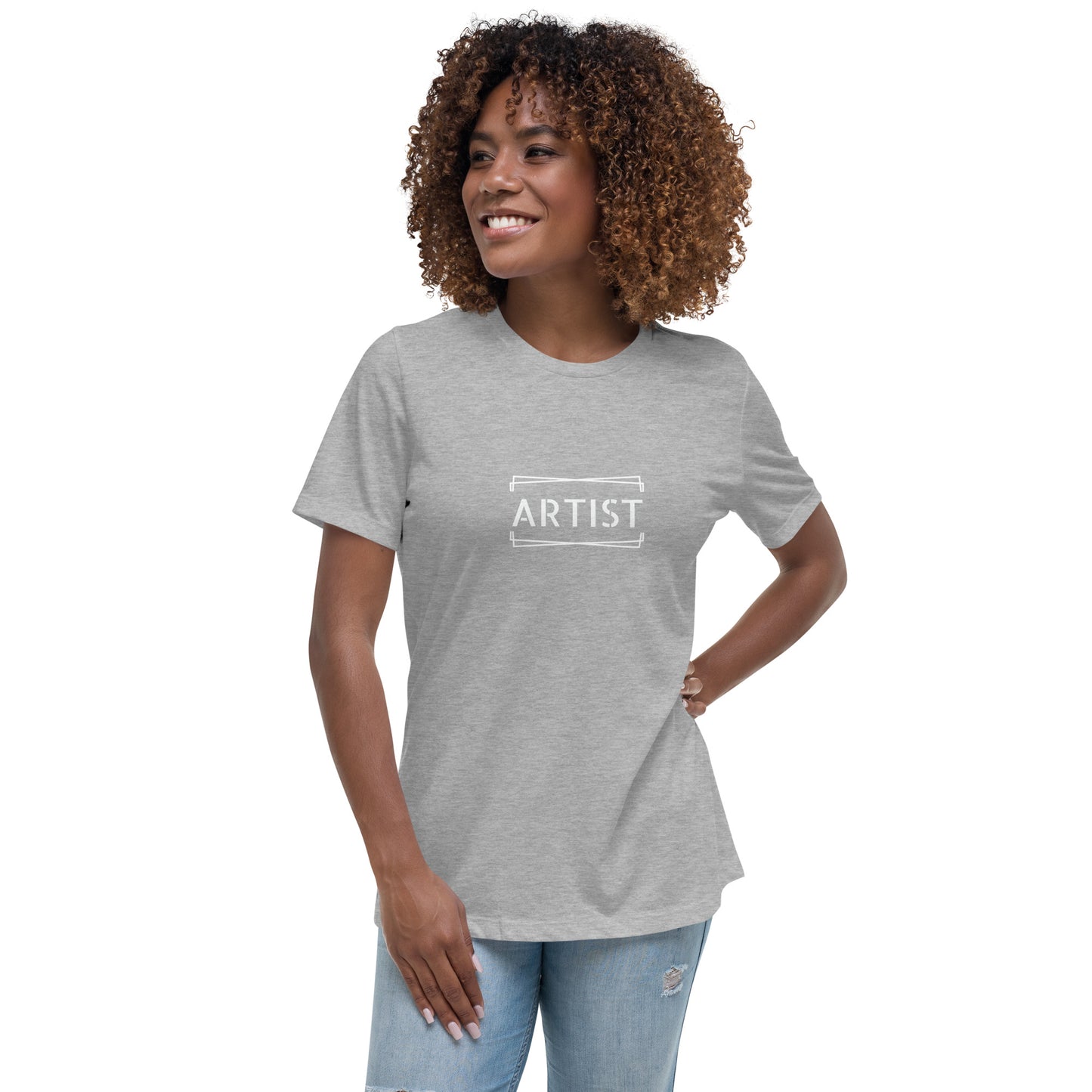 Woman wearing a heather athletic grey relaxed t-shirt labeled 'ARTIST'