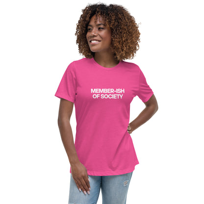 Smiling woman berry a black relaxed t-shirt with 'Member-ish of Society' slogan