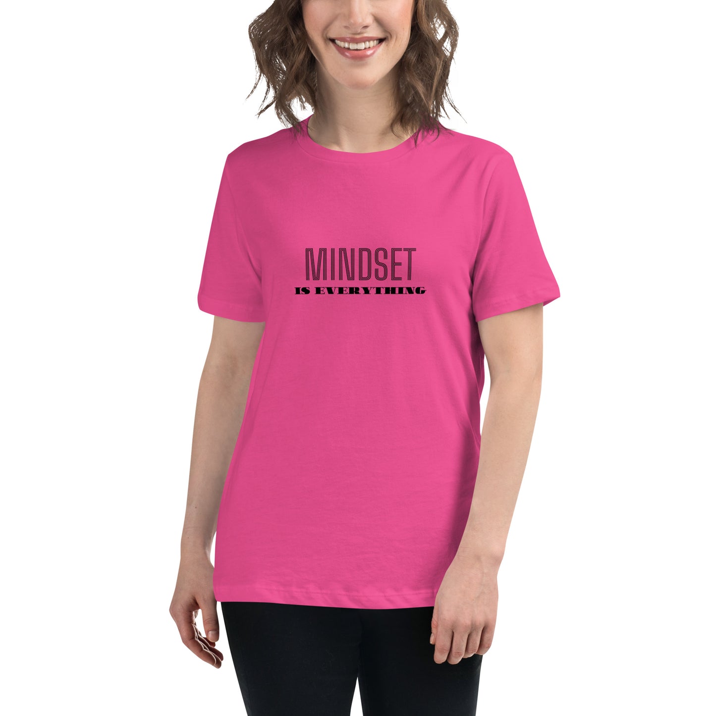 Woman wearing a berry relaxed t-shirt with the phrase "Mindset is Everything" printed in black.