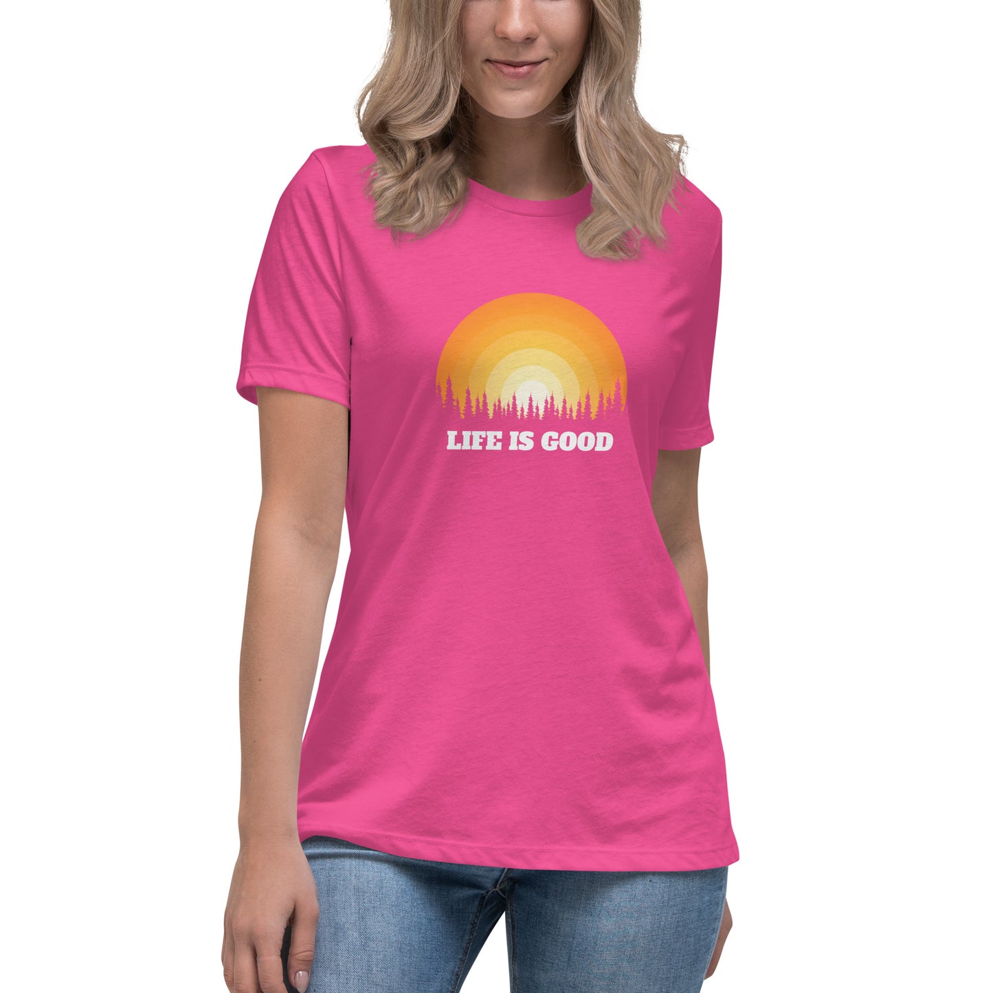 Woman in berry relaxed t-shirt with 'Life Is Good' sunset graphic