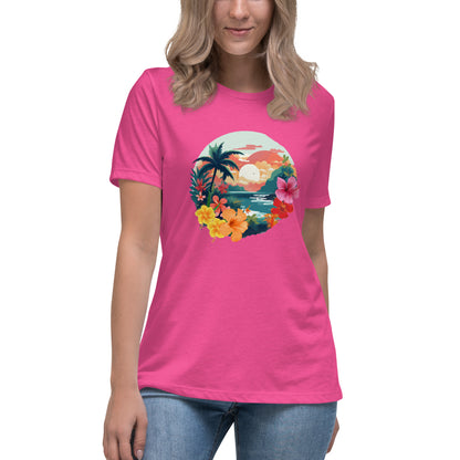 Woman in berry relaxed t-shirt with vibrant tropical design