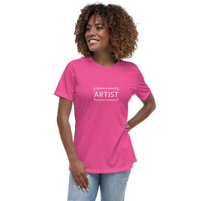 Woman wearing a berry relaxed t-shirt labeled 'ARTIST'