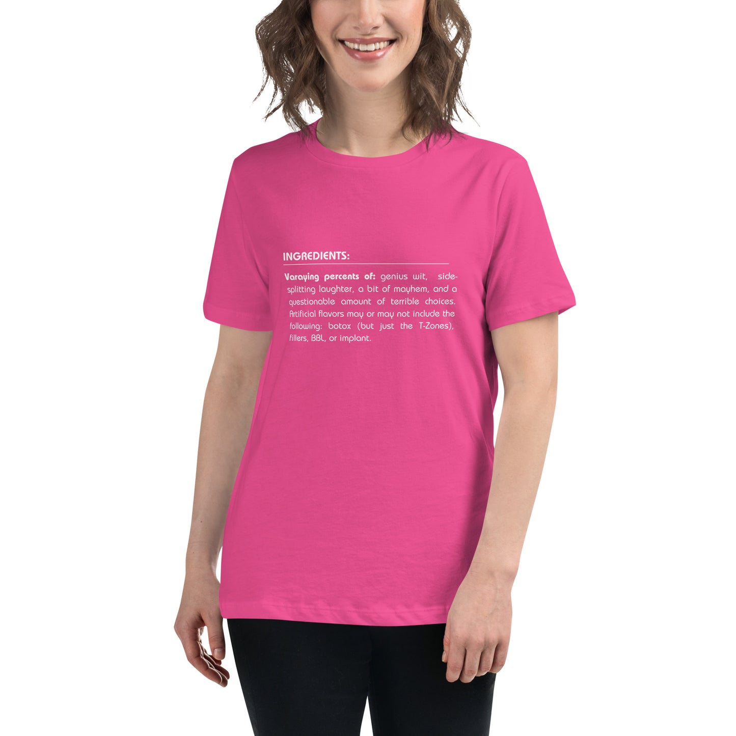 Smiling woman wearing a berry relaxed t-shirt with a humorous 'Ingredients of Me' list graphic