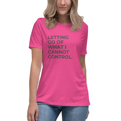 Woman wearing a berry relaxed tee with "Letting Go of What I Cannot Control" printed.