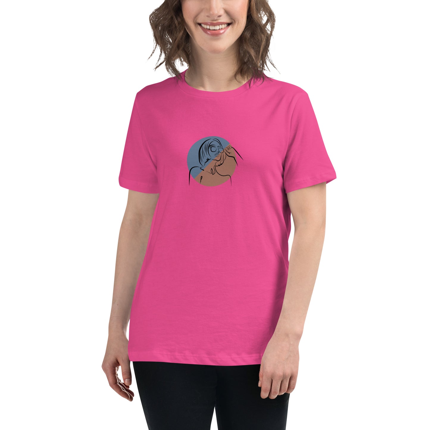 Woman wearing a berry relaxed tee with a minimalist portrait graphic design, representing comfortable and authentic fashion by BYOL.