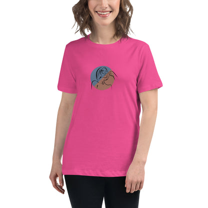 Woman wearing a berry relaxed tee with a minimalist portrait graphic design, representing comfortable and authentic fashion by BYOL.