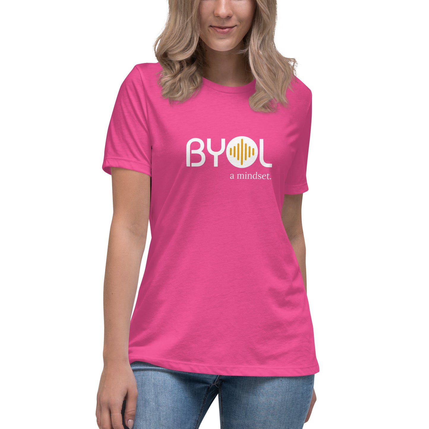 Woman wearing a berry relaxed fit BYOL mindset t-shirt  with color options in black, pink, blue, and gray, available in sizes S to 3XL.