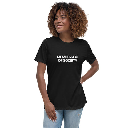 Smiling woman wearing a black relaxed t-shirt with 'Member-ish of Society' slogan