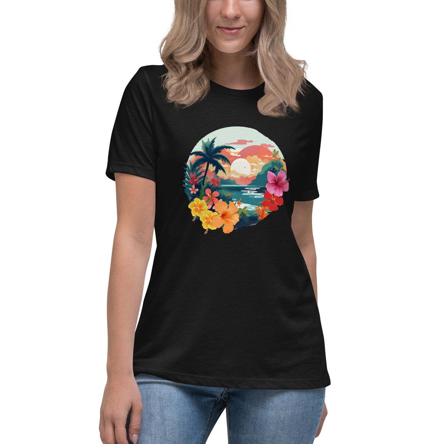 Woman in black relaxed t-shirt with vibrant tropical design