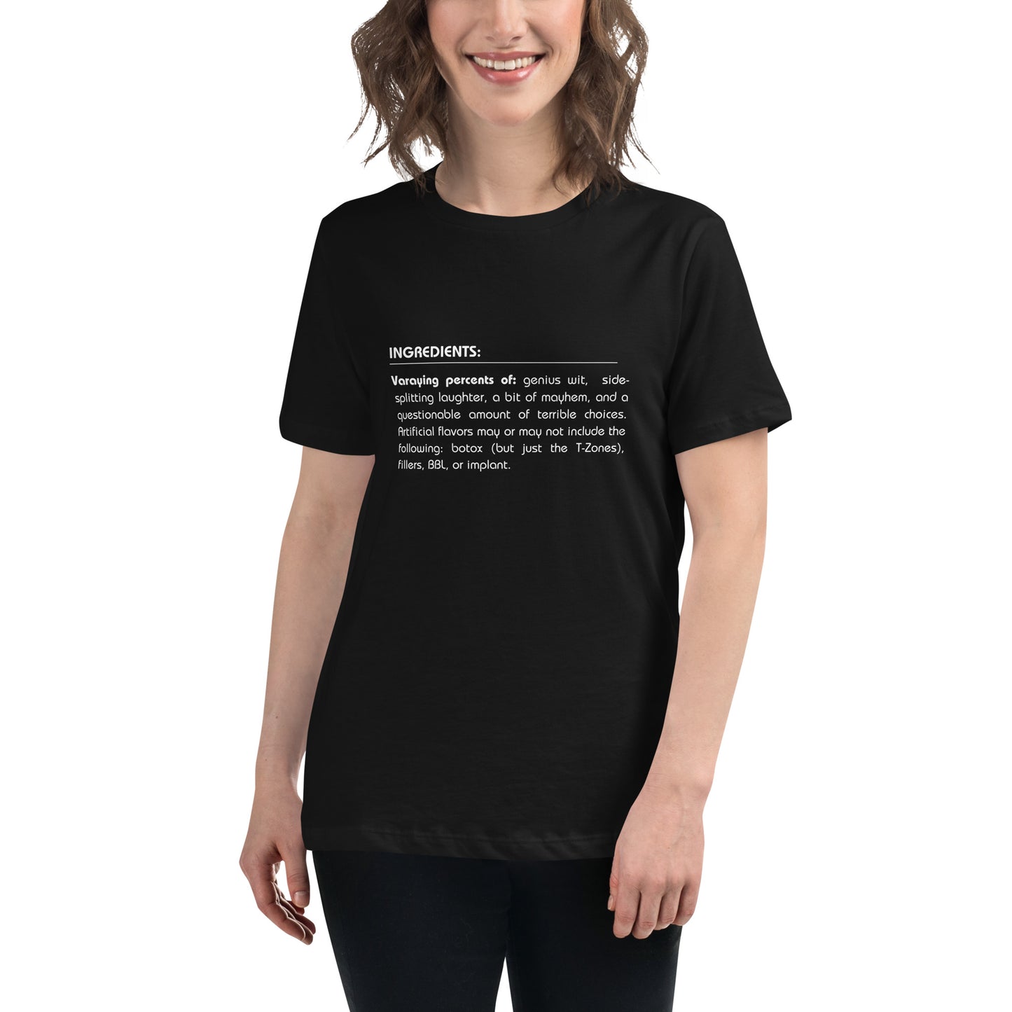 Smiling woman wearing a black relaxed t-shirt with a humorous 'Ingredients of Me' list graphic