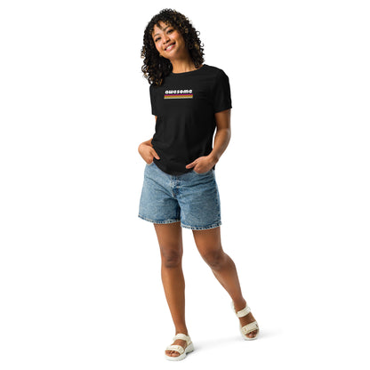 Smiling woman wearing a black relaxed t-shirt with 'awesome' in retro style print