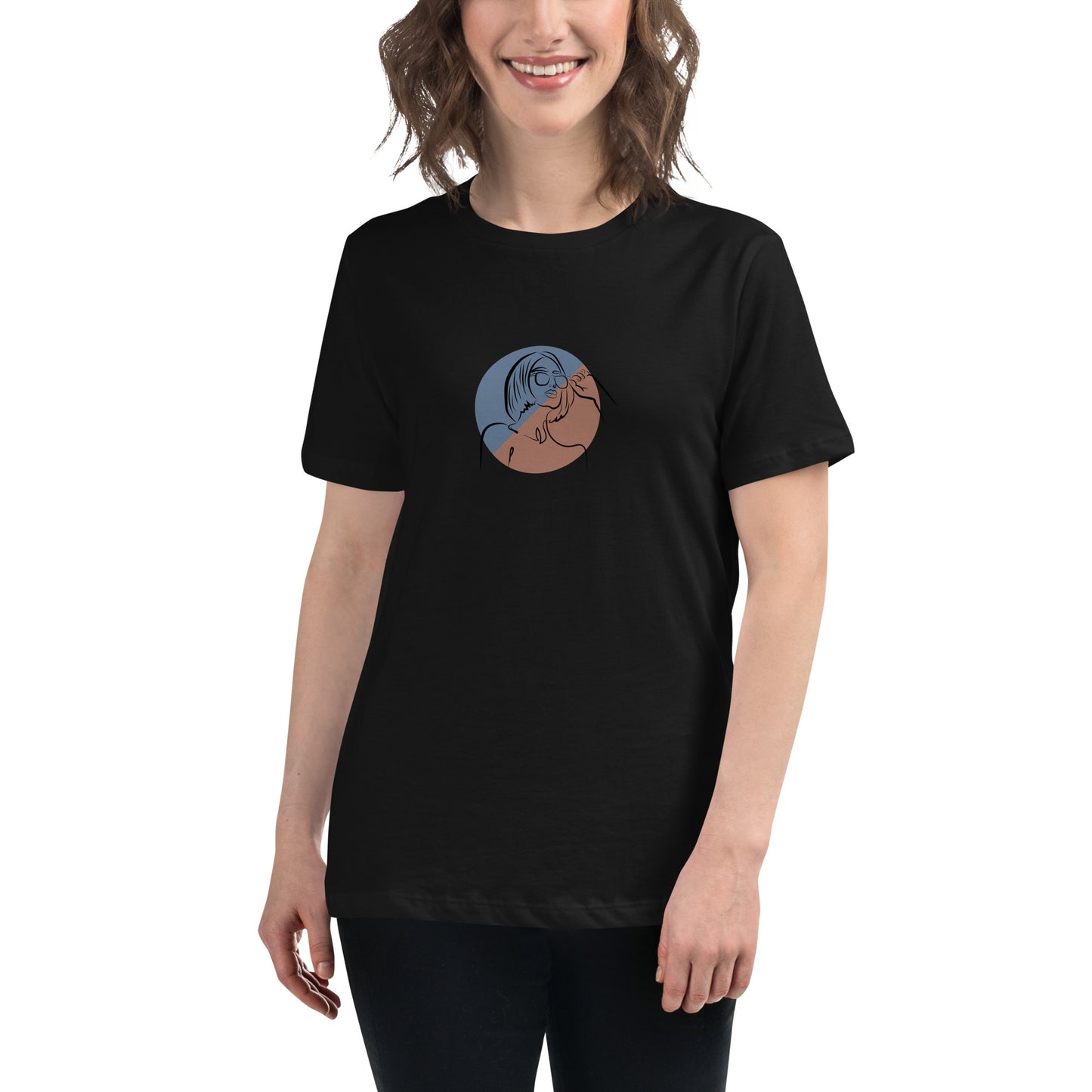 Woman wearing a black relaxed tee with a minimalist portrait graphic design, representing comfortable and authentic fashion by BYOL.