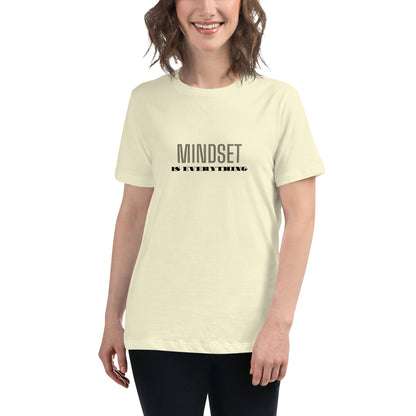 Woman wearing a citron relaxed t-shirt with the phrase "Mindset is Everything" printed in black.