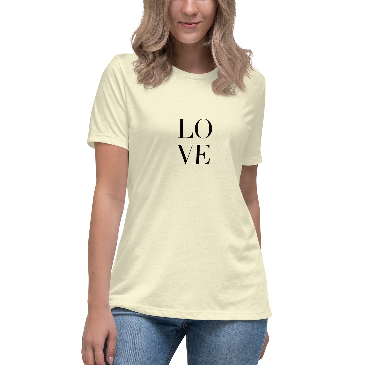 Woman wearing citron bold statement relaxed t-shirt with LOVE design