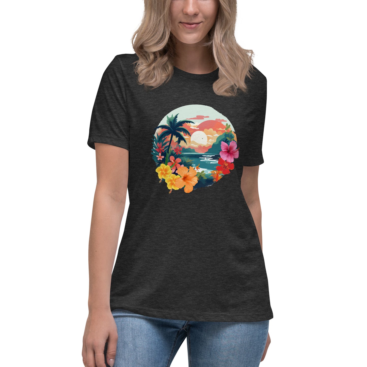 Woman in heather grey relaxed t-shirt with vibrant tropical design