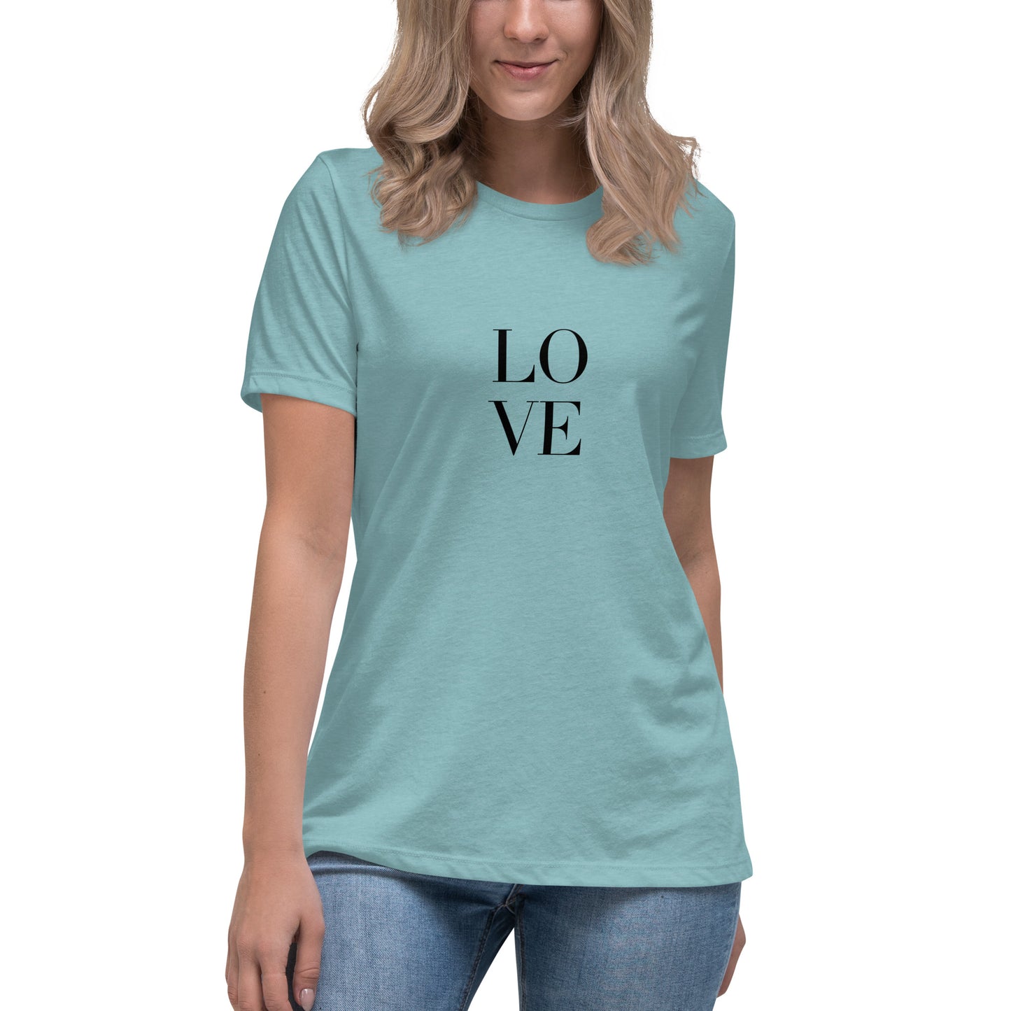 Woman wearing heather blue bold statement relaxed t-shirt with LOVE design