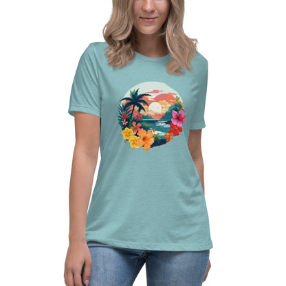 Woman in heather blue relaxed t-shirt with vibrant tropical design