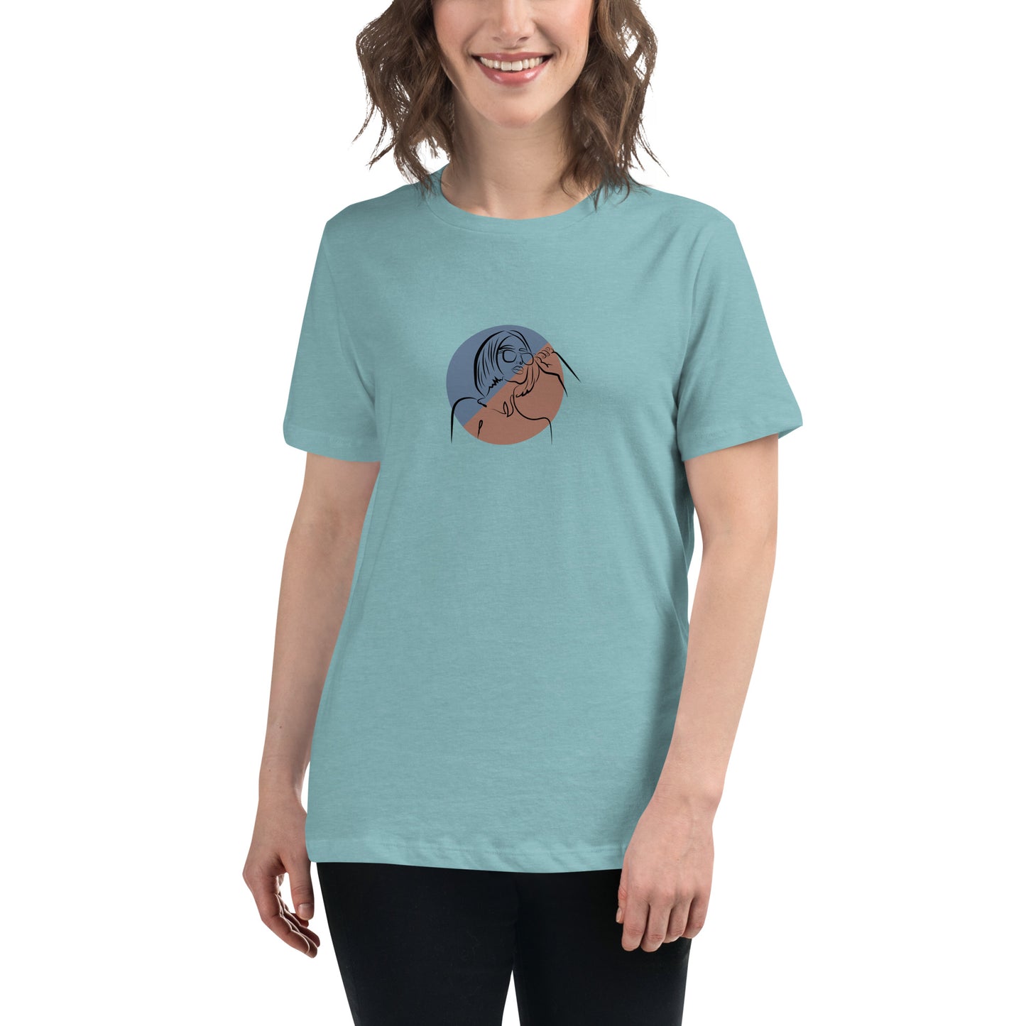 Woman wearing a blue lagoon relaxed tee with a minimalist portrait graphic design, representing comfortable and authentic fashion by BYOL.