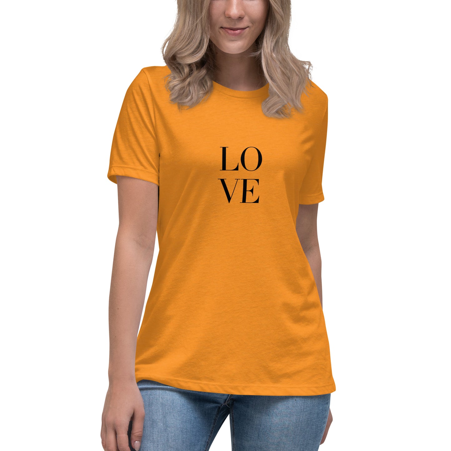 Woman wearing heather orange bold statement relaxed t-shirt with LOVE design