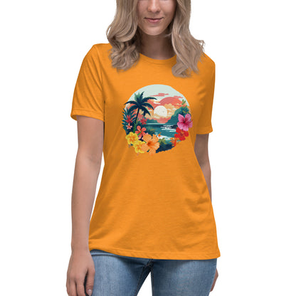 Woman in heather orange relaxed t-shirt with vibrant tropical design