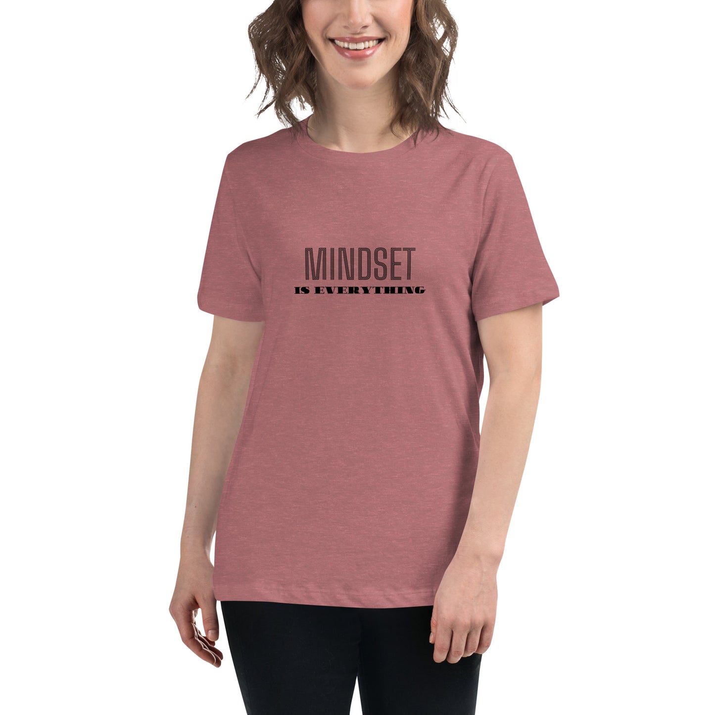 Woman wearing a heather mauve relaxed t-shirt with the phrase "Mindset is Everything" printed in black.