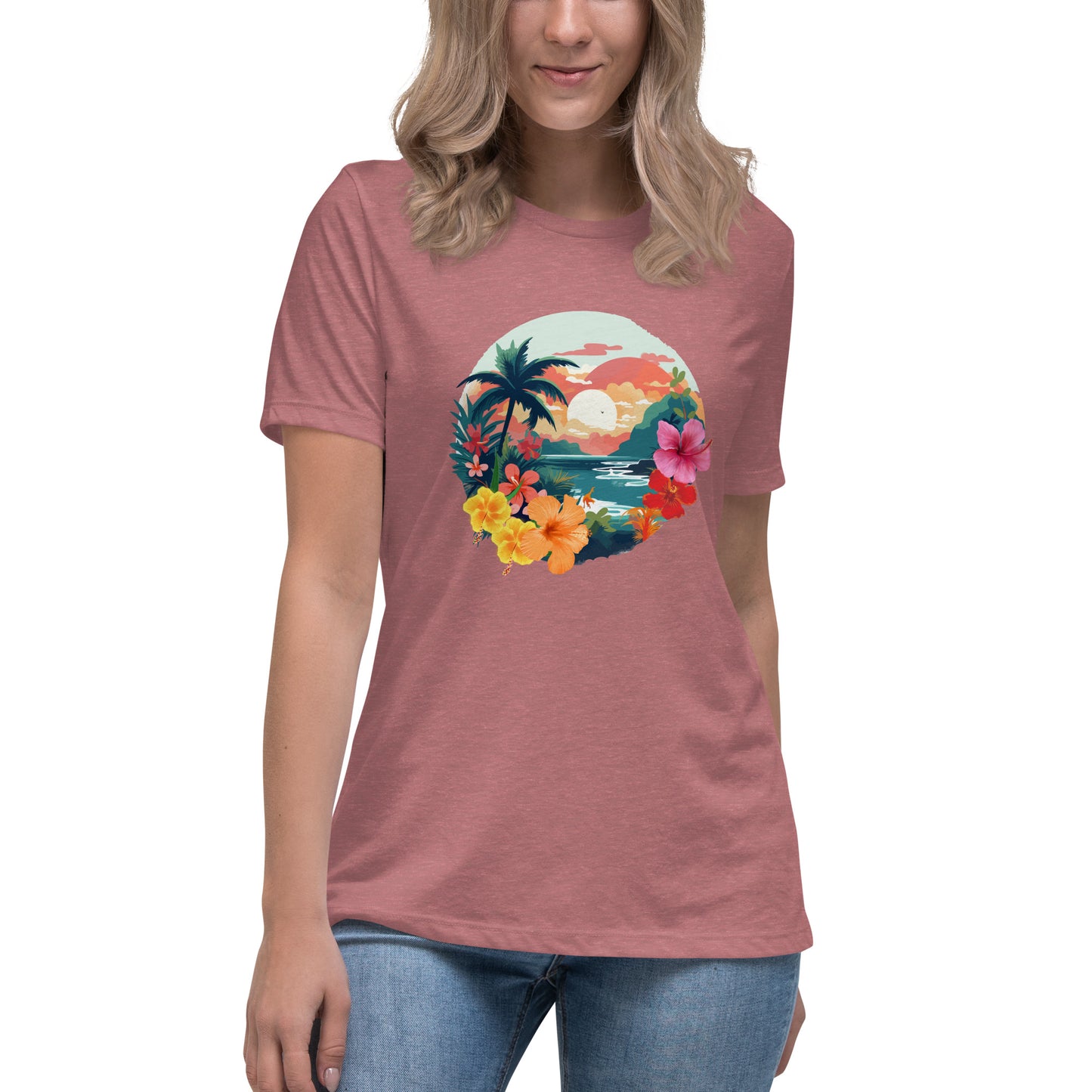 Woman in heather mauve relaxed t-shirt with vibrant tropical design