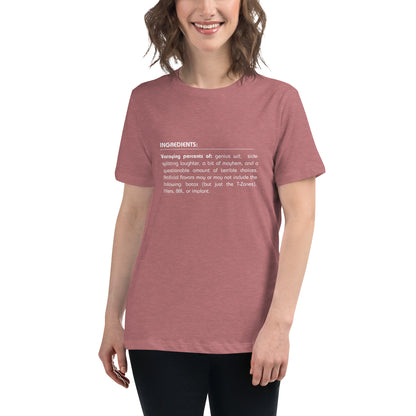 Smiling woman wearing a heather maive relaxed t-shirt with a humorous 'Ingredients of Me' list graphic