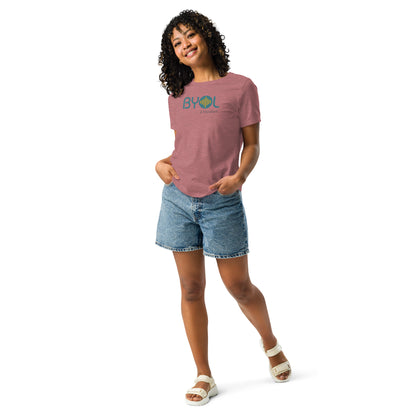 Woman wearing a heather mauve relaxed fit BYOL mindset t-shirt with color options in black, pink, blue, and gray, available in sizes S to 3XL.