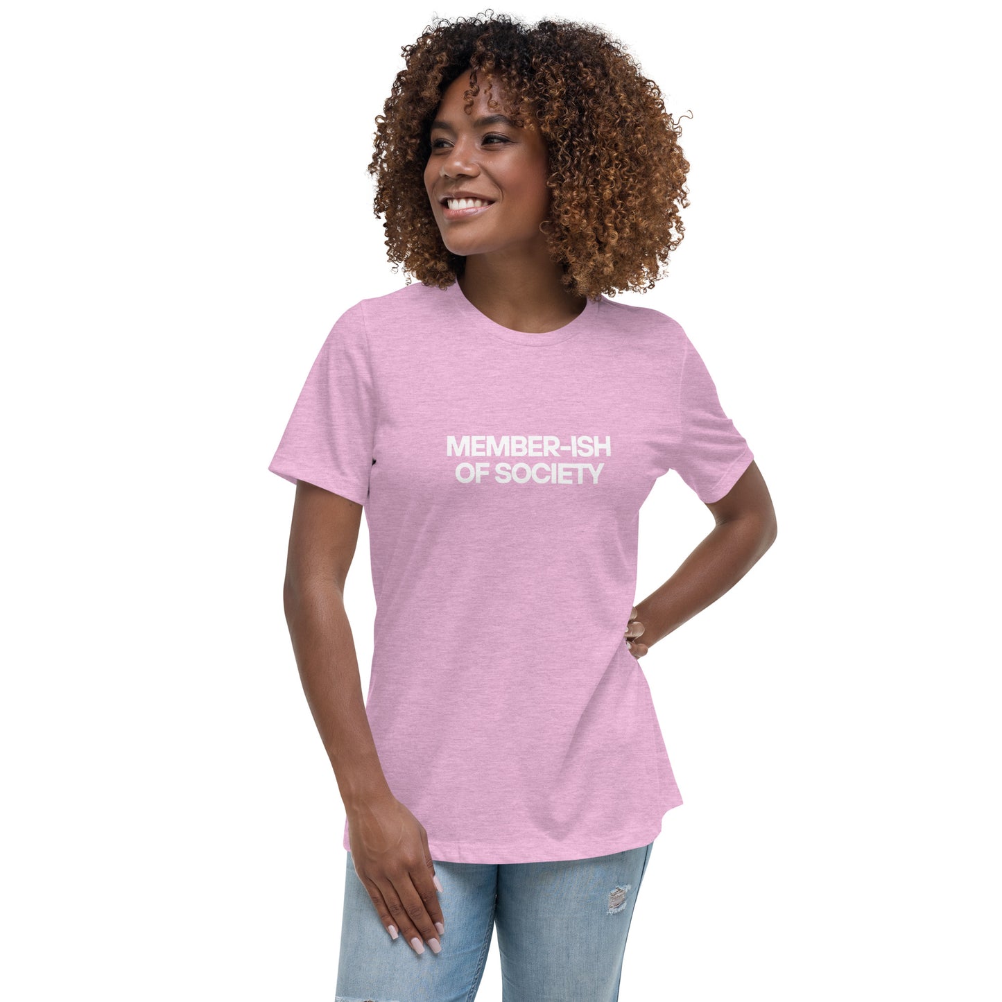 Smiling woman wearing a heather lilac relaxed t-shirt with 'Member-ish of Society' slogan