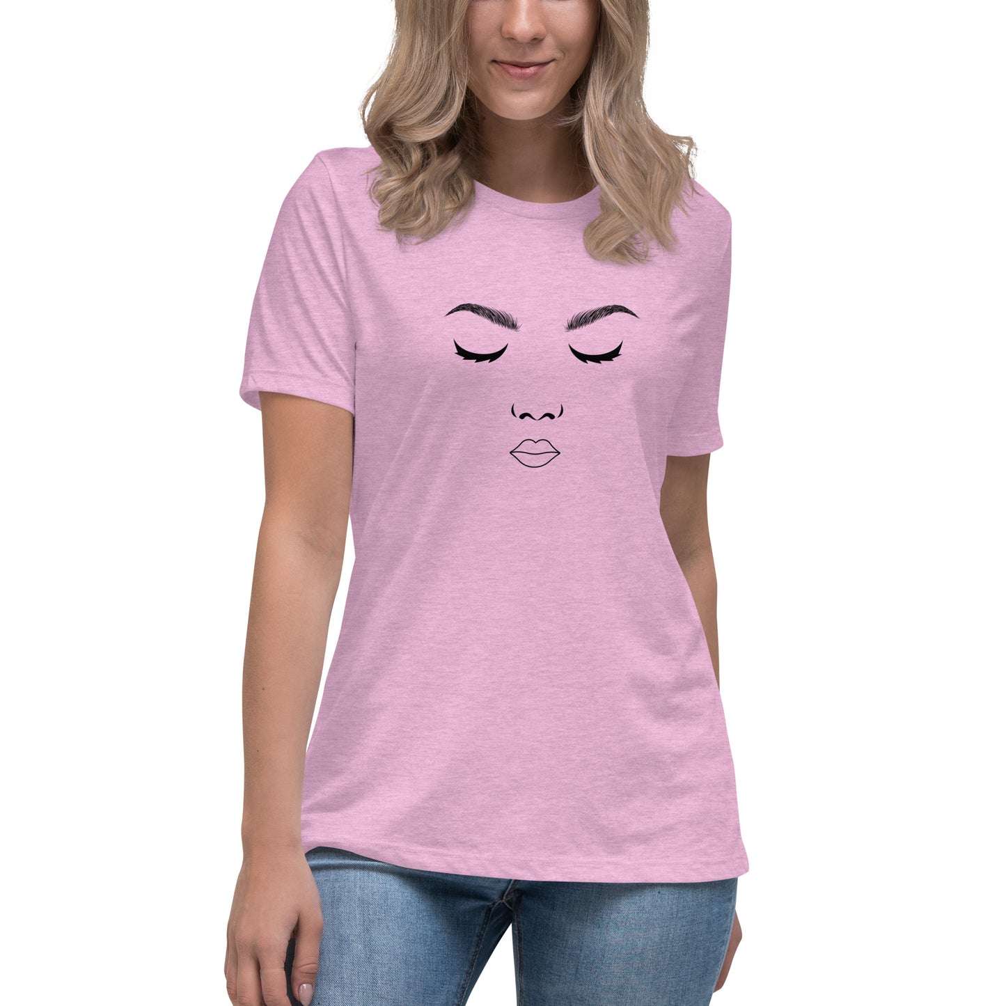 Woman wearing a heather lilac relaxed t-shirt featuring a minimalist face design