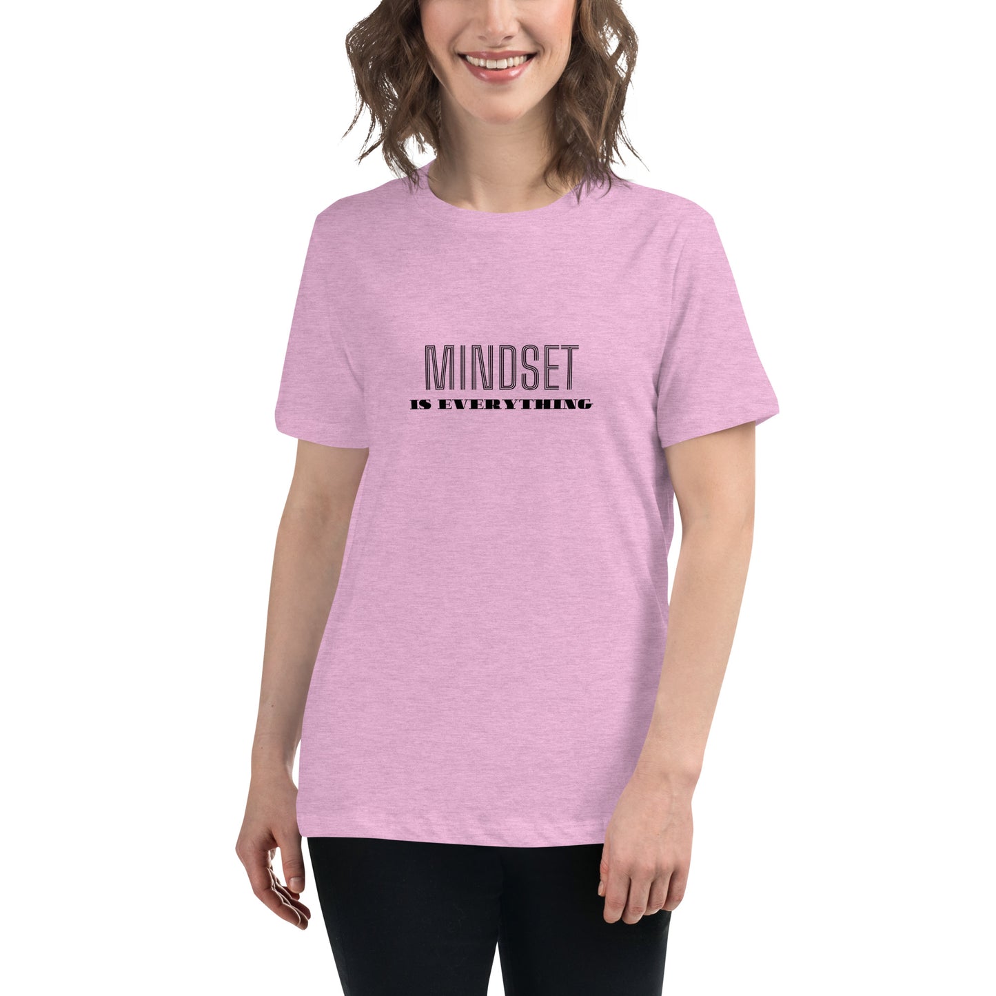 Woman wearing a mauve lilac relaxed t-shirt with the phrase "Mindset is Everything" printed in black.