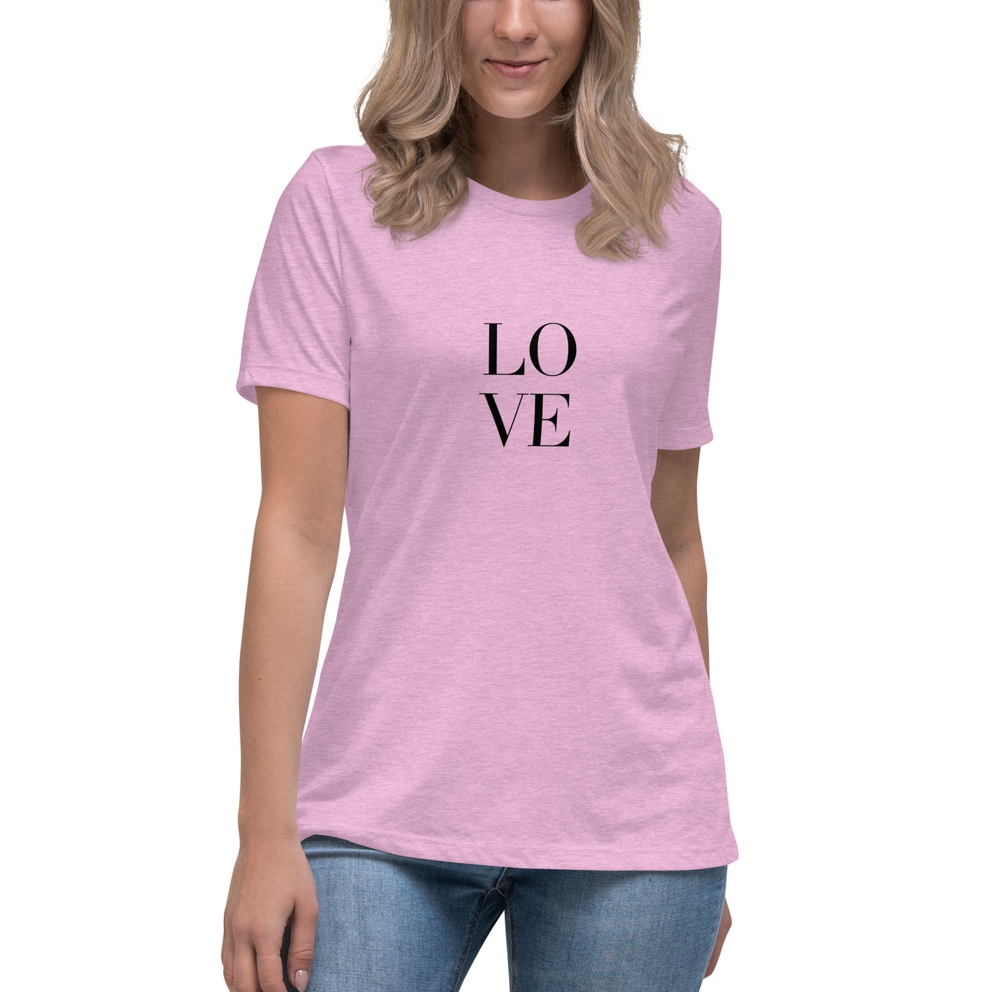 Woman wearing heather lilac bold statement relaxed t-shirt with LOVE design