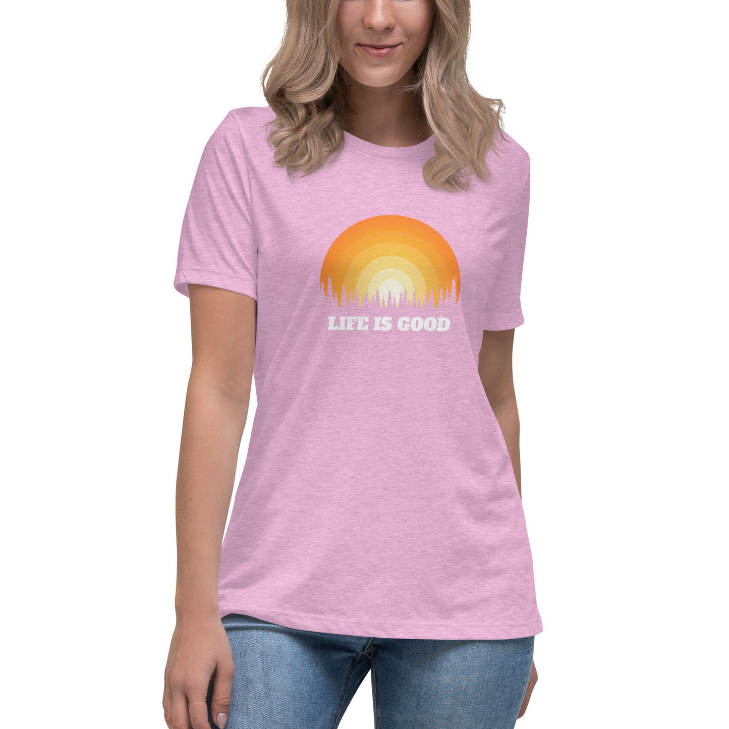 Woman in heather lilac relaxed t-shirt with 'Life Is Good' sunset graphic