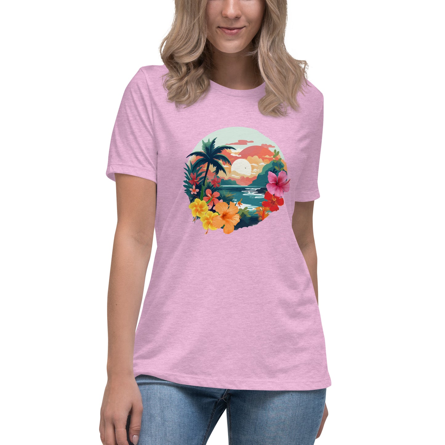 Woman in heather lilac relaxed t-shirt with vibrant tropical design