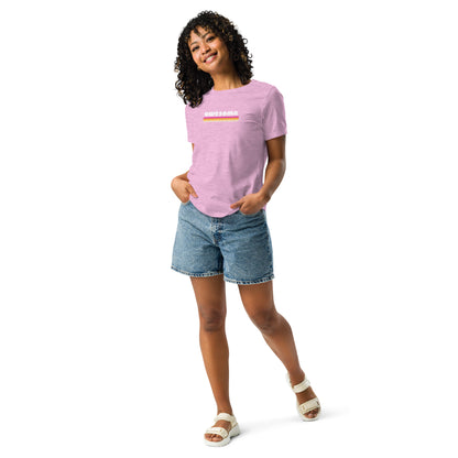 Smiling woman wearing a heather lilac relaxed t-shirt with 'awesome' in retro style print