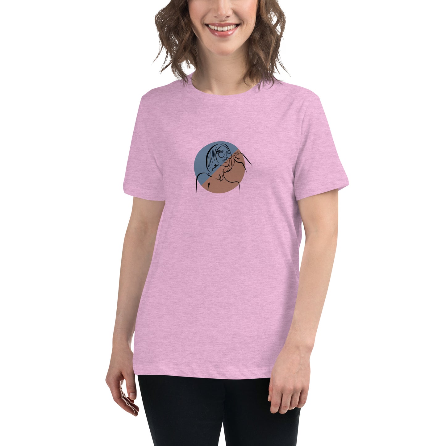 Woman wearing a heather prism lilac relaxed tee with a minimalist portrait graphic design, representing comfortable and authentic fashion by BYOL.