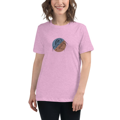 Woman wearing a heather prism lilac relaxed tee with a minimalist portrait graphic design, representing comfortable and authentic fashion by BYOL.