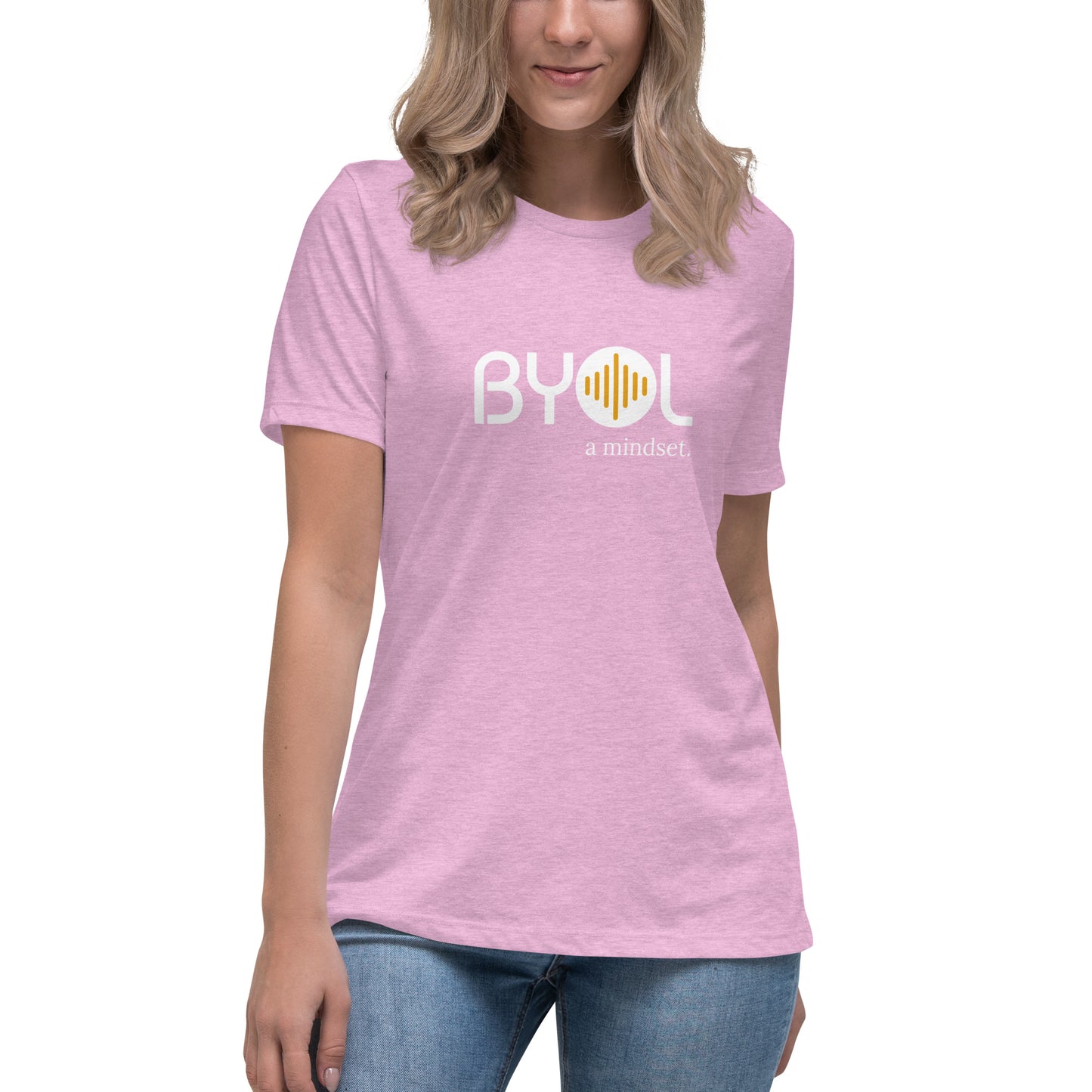 Woman wearing a heather prism lilac relaxed fit BYOL mindset t-shirt  with color options in black, pink, blue, and gray, available in sizes S to 3XL.