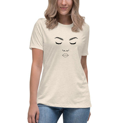 Woman wearing a citron relaxed t-shirt featuring a minimalist face design