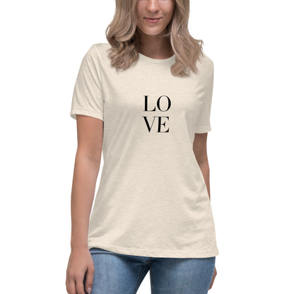 Woman wearing heather natural bold statement relaxed t-shirt with LOVE design