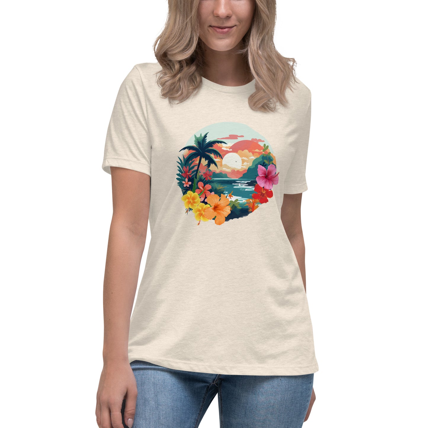 Woman in citron relaxed t-shirt with vibrant tropical design