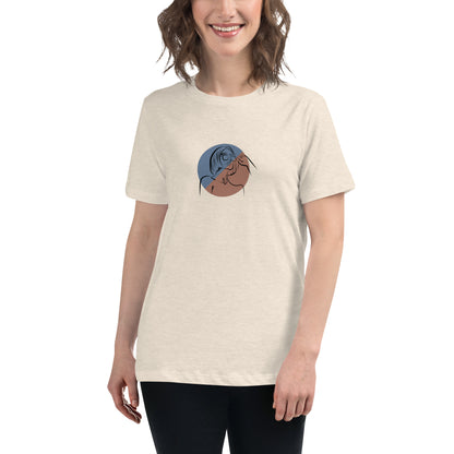 Woman wearing a heather prism stone relaxed tee with a minimalist portrait graphic design, representing comfortable and authentic fashion by BYOL.