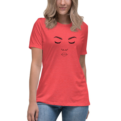 Woman wearing a heather red relaxed t-shirt featuring a minimalist face design