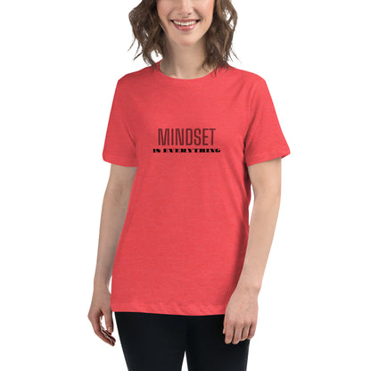 Woman wearing a heather red relaxed t-shirt with the phrase "Mindset is Everything" printed in black.