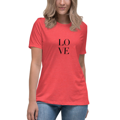 Woman wearing heather red bold statement relaxed t-shirt with LOVE design