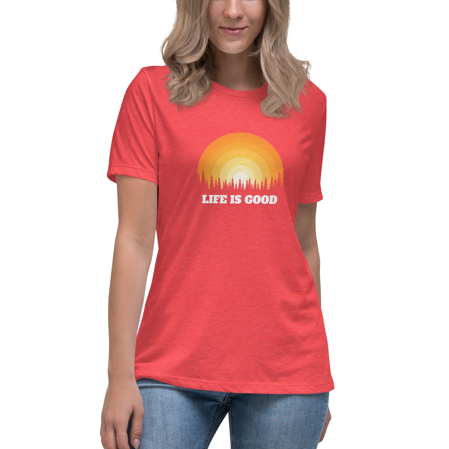 Woman in heather red relaxed t-shirt with 'Life Is Good' sunset graphic