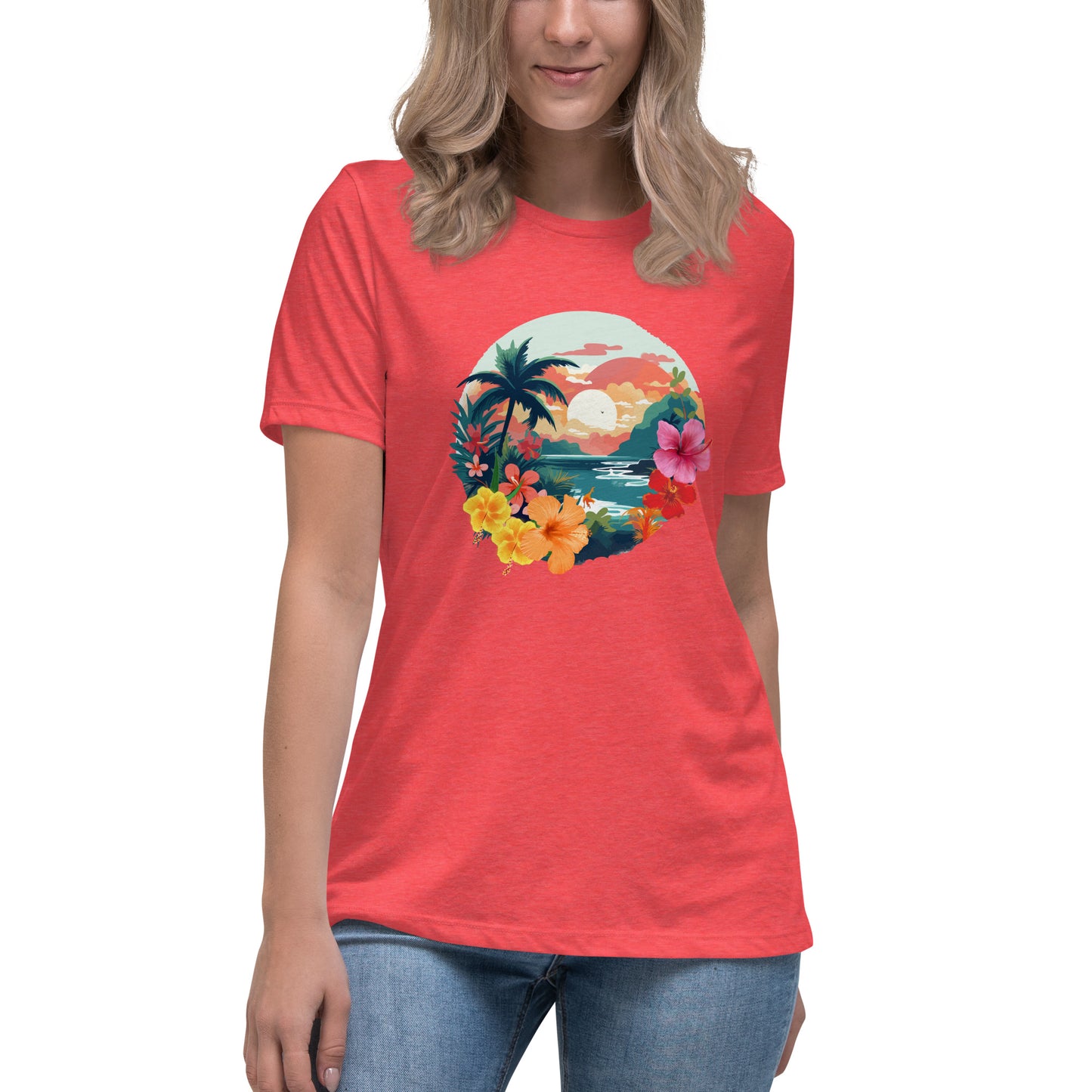 Woman in heather red relaxed t-shirt with vibrant tropical design