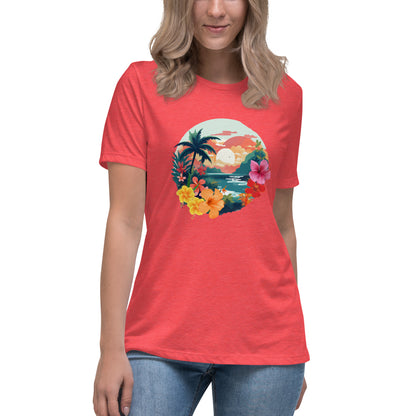 Woman in heather red relaxed t-shirt with vibrant tropical design