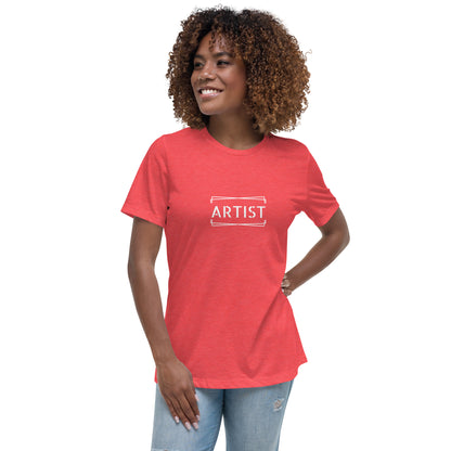 Woman wearing a heather red relaxed t-shirt labeled 'ARTIST'